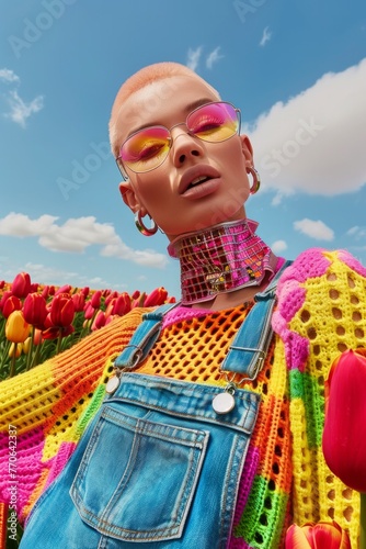 A vibrant image capturing a model in colorful knitwear amidst a sea of tulips, under a blue sky with clouds
