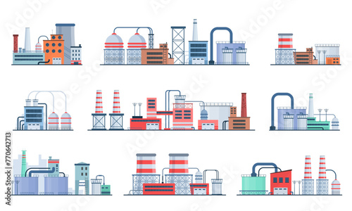 Industrial Building Concept Eco Style Factory City Landscape. Set of factory style or industrial building flat design style icons. Structures with pipes and chimney. Architectural theme. Vector.
