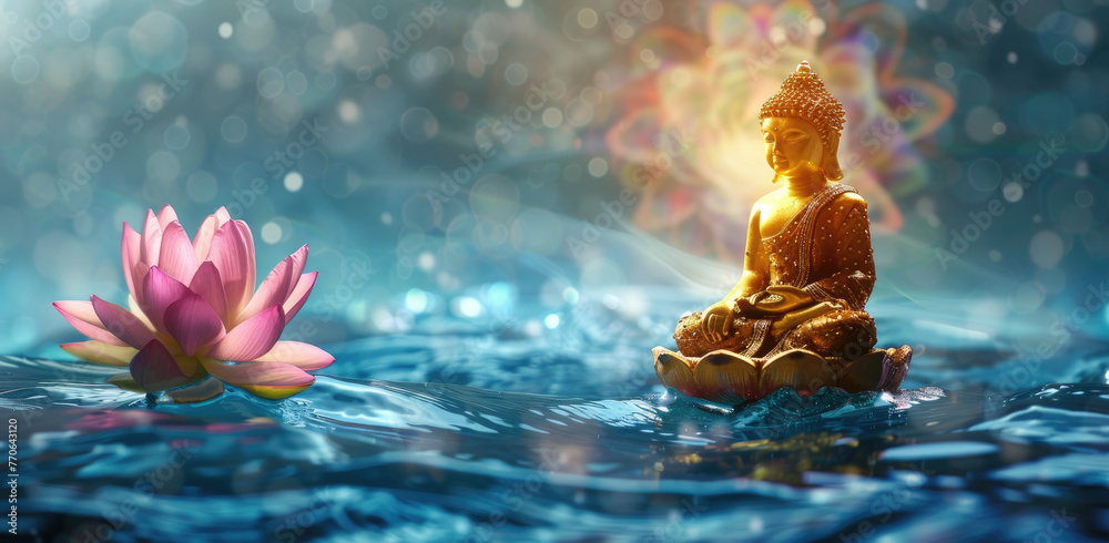 golden buddha sitting on lotus, glowing light effect background with pink flower and blue water waves 