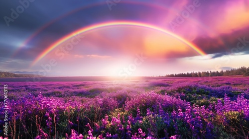 A breathtaking view of a double rainbow over a field of purple wildflowers during a vivid sunset.