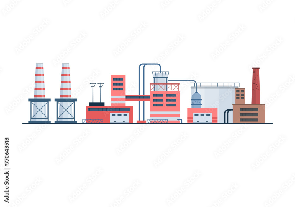 Industrial Building Concept Eco Style Factory City Landscape. Set of factory style or industrial building flat design style icons. Structures with pipes and chimney. Architectural theme. Vector.
