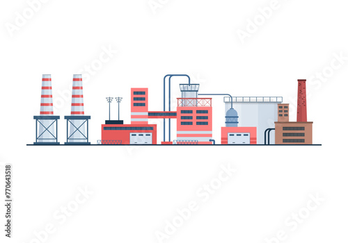 Industrial Building Concept Eco Style Factory City Landscape. Set of factory style or industrial building flat design style icons. Structures with pipes and chimney. Architectural theme. Vector. 