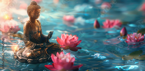 golden buddha sitting on lotus, glowing light effect background with pink flower and blue water waves 
