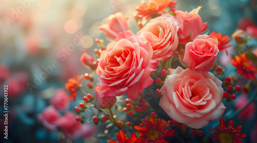 Blooming beautiful colorful roses in the garden background, valentine concept