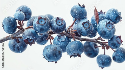 Branch laden with deliciously ripe blueberries, meticulously cut out against a clean white background