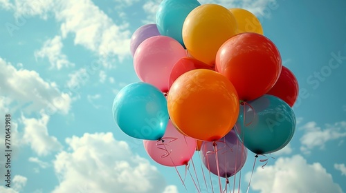 cluster of colorful balloons rising into the sky during a festive celebration