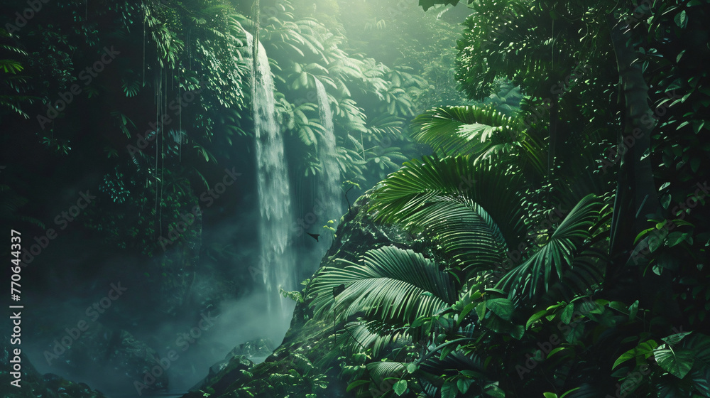 A secluded waterfall hidden within a dense tropical jungle accessible only by a narrow path. - obrazy, fototapety, plakaty 