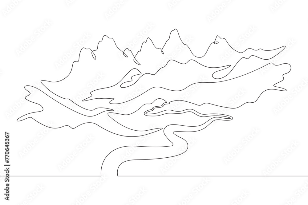 Road to the mountain. Beautiful mountain landscape. Winding road among hills and rocks. One continuous line . Line art. Minimal single line.White background. One line drawing.