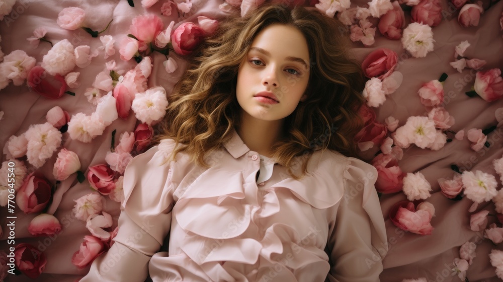 A wistful young woman lies surrounded by delicate pink and white flowers, embodying a sense of youthful gentleness