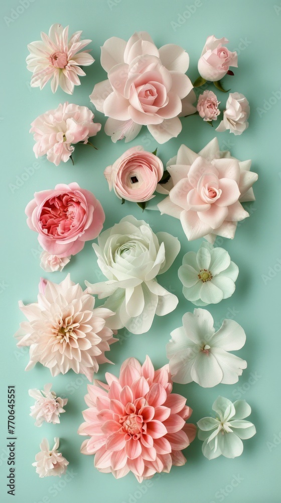 A creative, colorful display of various handcrafted paper flowers neatly arranged on a soothing mint background