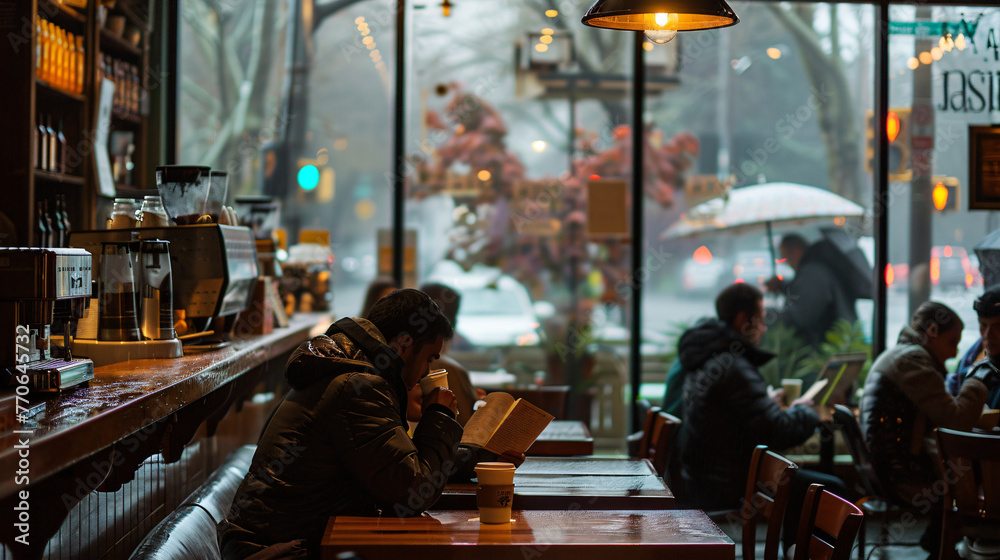 A serene coffee shop on a rainy day people sipping lattes absorbed in books.