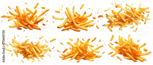 Set of flying delicious potato fries, cut out photo