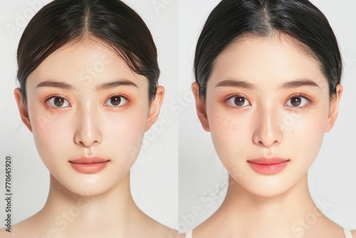 肌の綺麗な日本人モデルのビフォー・アフター美容広告風写真（美容整形・プチ整形・美肌） 
