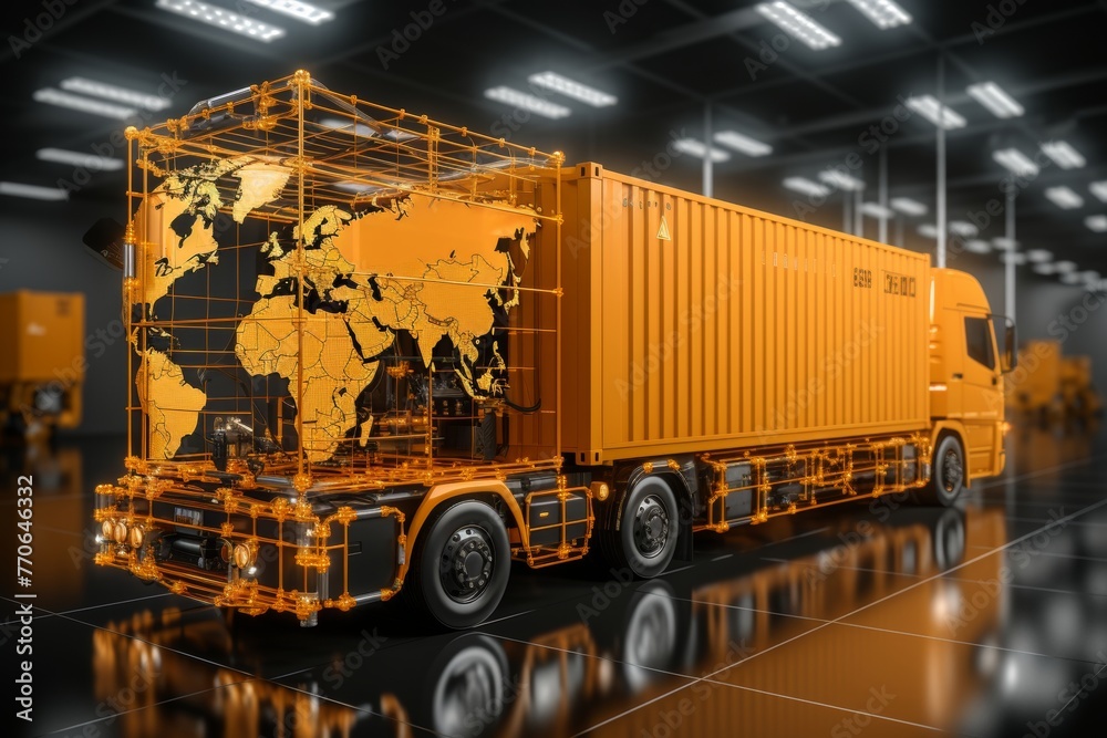A concept design featuring modern freight transport modes like trucking and aviation, seamlessly integrated with digital connectivity and worldwide networking.