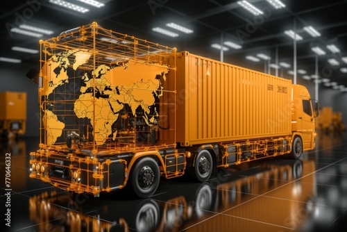 A concept design featuring modern freight transport modes like trucking and aviation, seamlessly integrated with digital connectivity and worldwide networking.