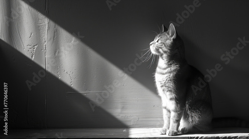 black and white image of a cat sitting on the floor in a room turned in profile and looking at a light source photo