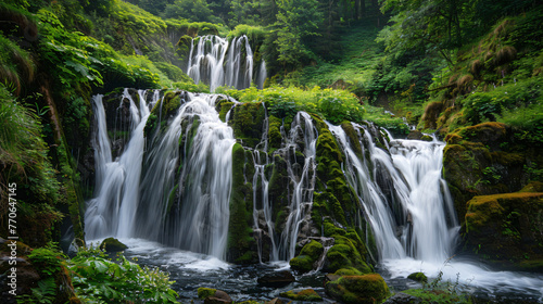 A series of small interconnected waterfalls flowing through a forested valley.