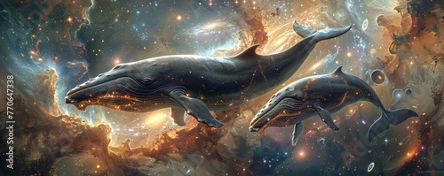 Create a captivating image of two majestic whales gracefully swimming through cosmic currents in a side view perspective Show intricate patterns of stars, galaxies