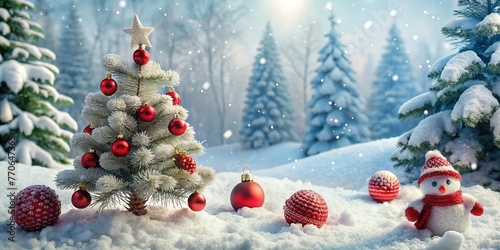 Beautiful Festive Christmas snowy background. Christmas tree decorated with red balls and knitted toys in forest in snowdrifts in snowfall outdoors, banner format, copy space.