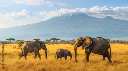Elephant Family Roaming in Savannah with Mount Kilimanjaro © Pui