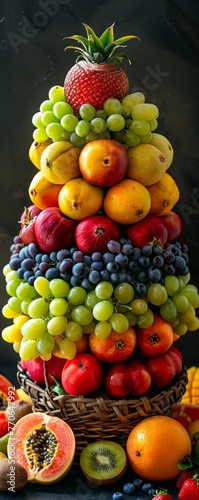 Design a captivating image of a rear view of a tropical fruit basket, showcasing a vibrant array of exotic fruits Utilize a subtle blur effect
