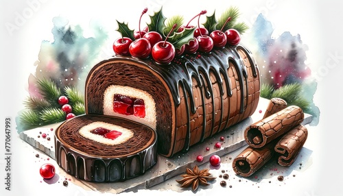 Watercolor Painting of Cherry and Chocolate Bûche de Noël