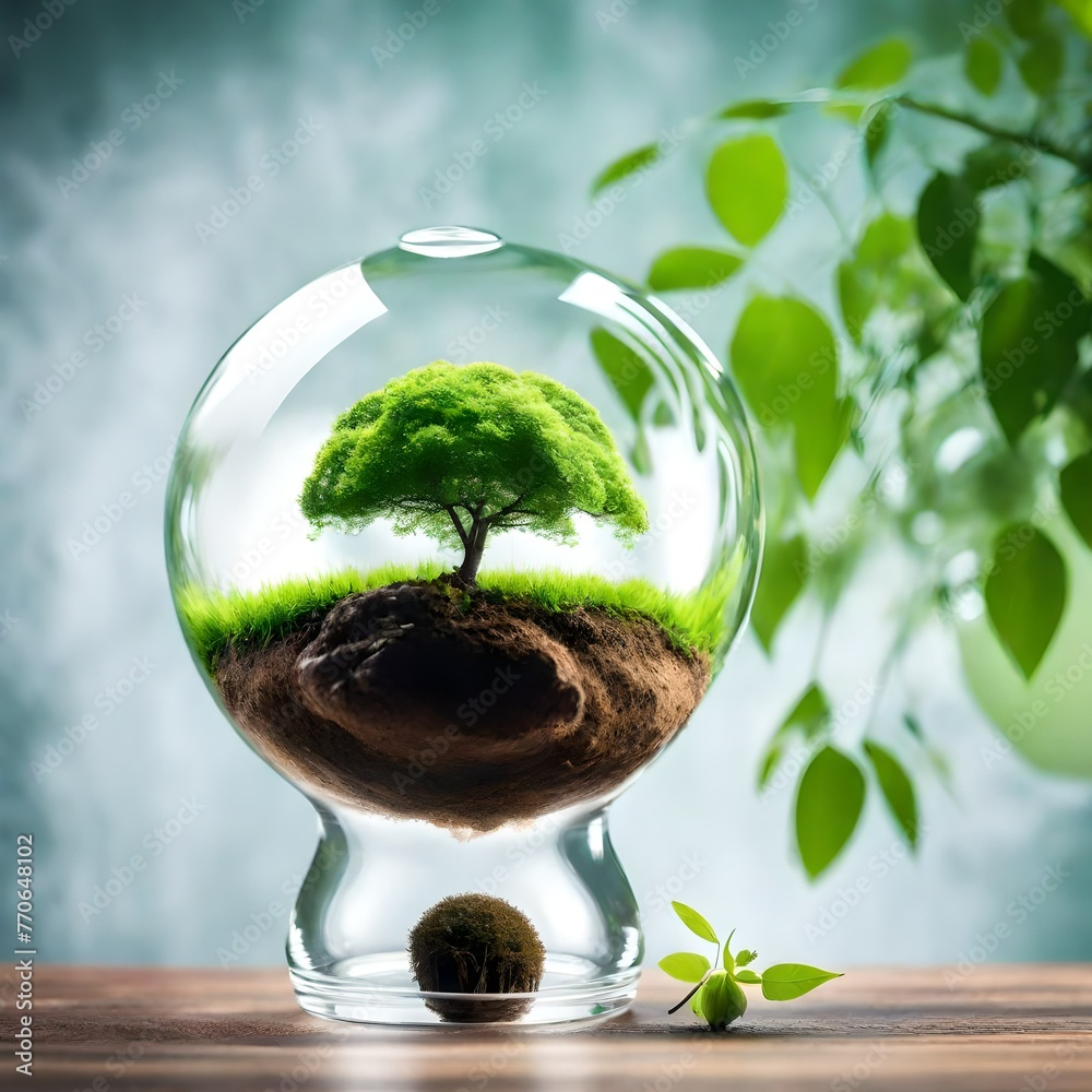 World environment and earth day concept with glass globe and eco friendly environment glove have one large green tree World environment and earth day concept with glass globe and eco friendly environment glove have one large green tree