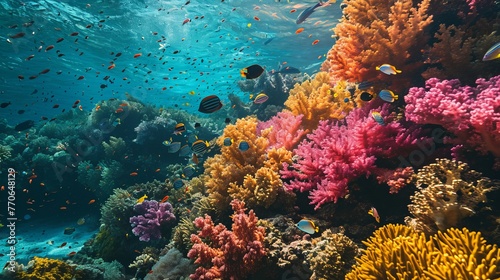 Vibrant Underwater Ecosystem: A Colorful Display of Coral Reefs Teeming with Tropical Fish Beneath Crystal Clear Waters