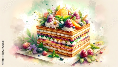 Watercolor Painting of Spring Millefeuille