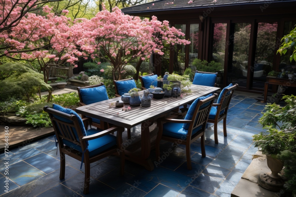 an elegant outdoor dining area featuring a gas barbecue, a well set dining table, and beautiful flowers on a paved patio, captured from a bird s eye view.