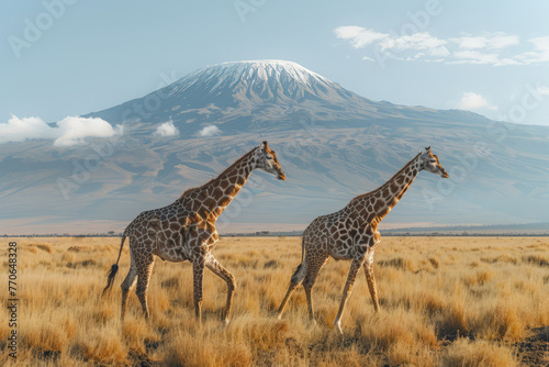 Giraffes Roaming Freely Before Mount Kilimanjaro