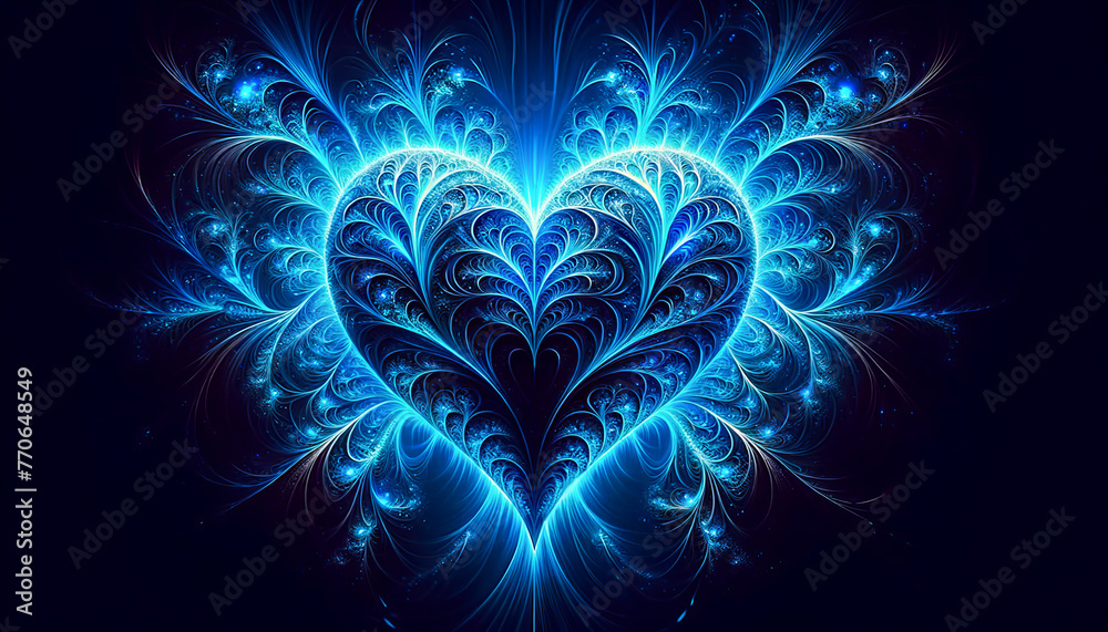 Abstract heart in shades of blue, illuminated by fractal patterns, embodies a futuristic romance - Generative AI
