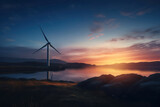 Electricity produced by wind turbines in sunset is an environmentally friendly a renewable source of energy AI Generation