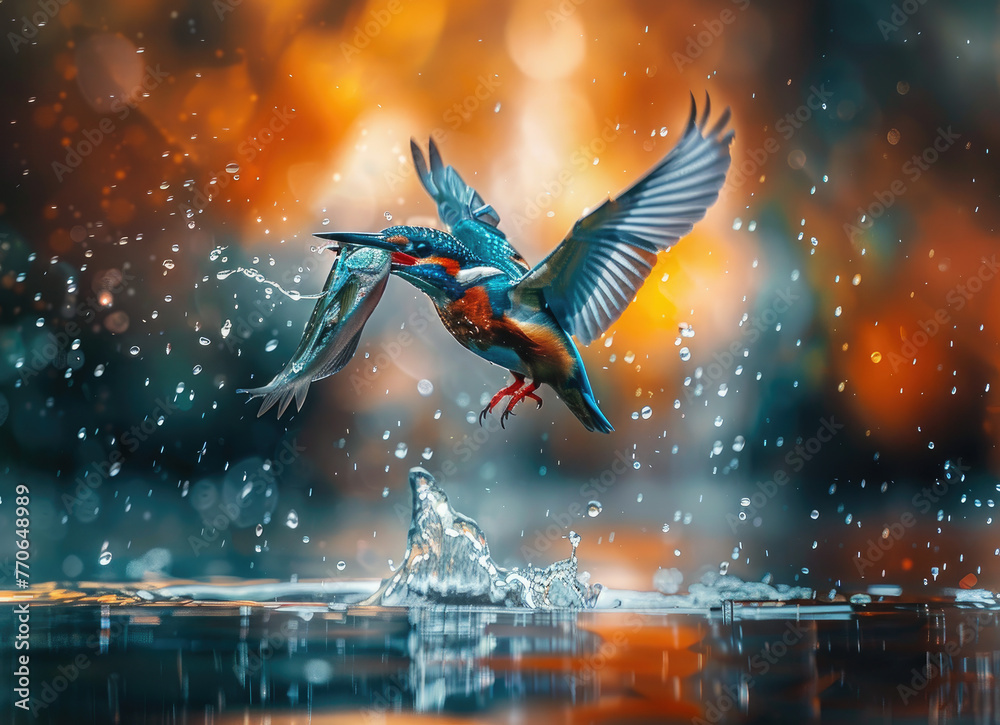 Fototapeta premium Beautiful kingfisher bird catching fish in the water, motion capture