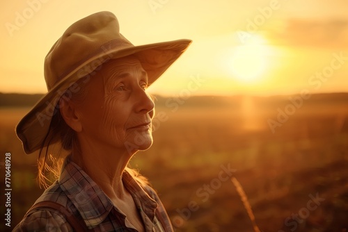 Woman in hat watching sunset in meadow