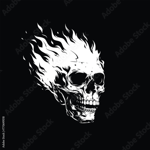 White fiery skull against black backdrop.
