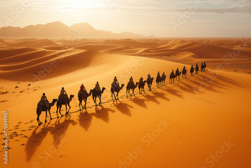 In desert, a camel caravan passes through sand dunes AI Generative © ungvar