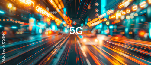 5G technology background with the speed of light and "5G" text in the center, cityscape on blurred motion.