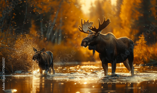Beautiful moose in a river