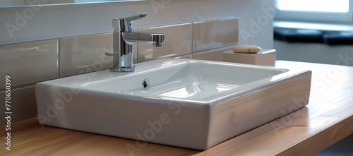 White rectangular sink with a chrome faucet installed on a wood countertop in a bathroom