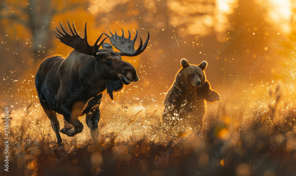 Beautiful moose fleeing from a big grizzly bear - running for his life - obrazy, fototapety, plakaty 