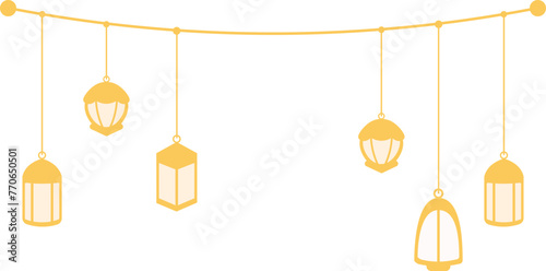golden ramadhan and eid hanging decoration with beaded ropes, hiasan gantungan ramadhan dan indul fitri emas dengan tali manik-manik