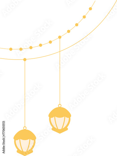 golden ramadhan and eid hanging decoration with beaded ropes, hiasan gantungan ramadhan dan indul fitri emas dengan tali manik-manik