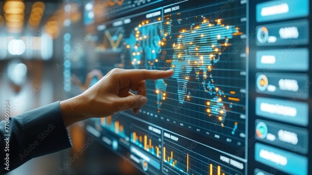 Fototapeta premium Person interacting with a global data visualization screen.