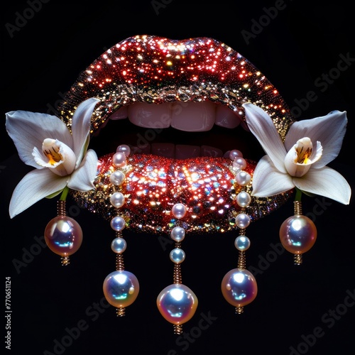 Striking red lips bedazzled with sparkling gems, complemented by pristine white orchids on a dark background