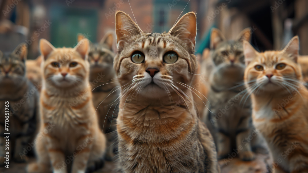 A group of ginger cats look at the camera with different facial expressions