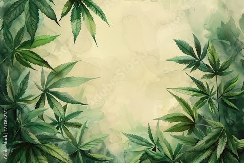 Marijuana leaves painting on green background. Watercolor wallpaper with a hemp leaves on a vibrant green backdrop