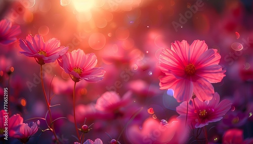 Pink cosmos flower field in sunset during summer time. Cosmos flowers blooming under sunshine. Closeup of pink flowers