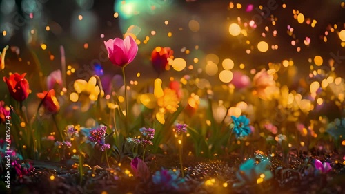 Field of cosmos flowers by night with sparkling bokeh lights. Morning summer or spring. Beautiful wildflowers, light blur, selective focus. Shallow depth of field. Spring flower field magical particle