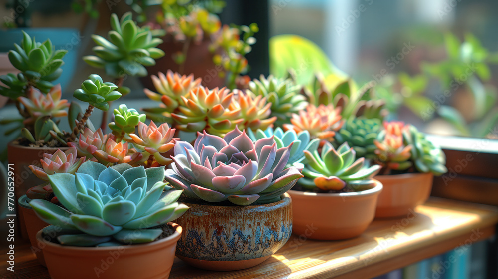 a collection of succulents and cacti potted in various sizes and designs on a wooden shelf